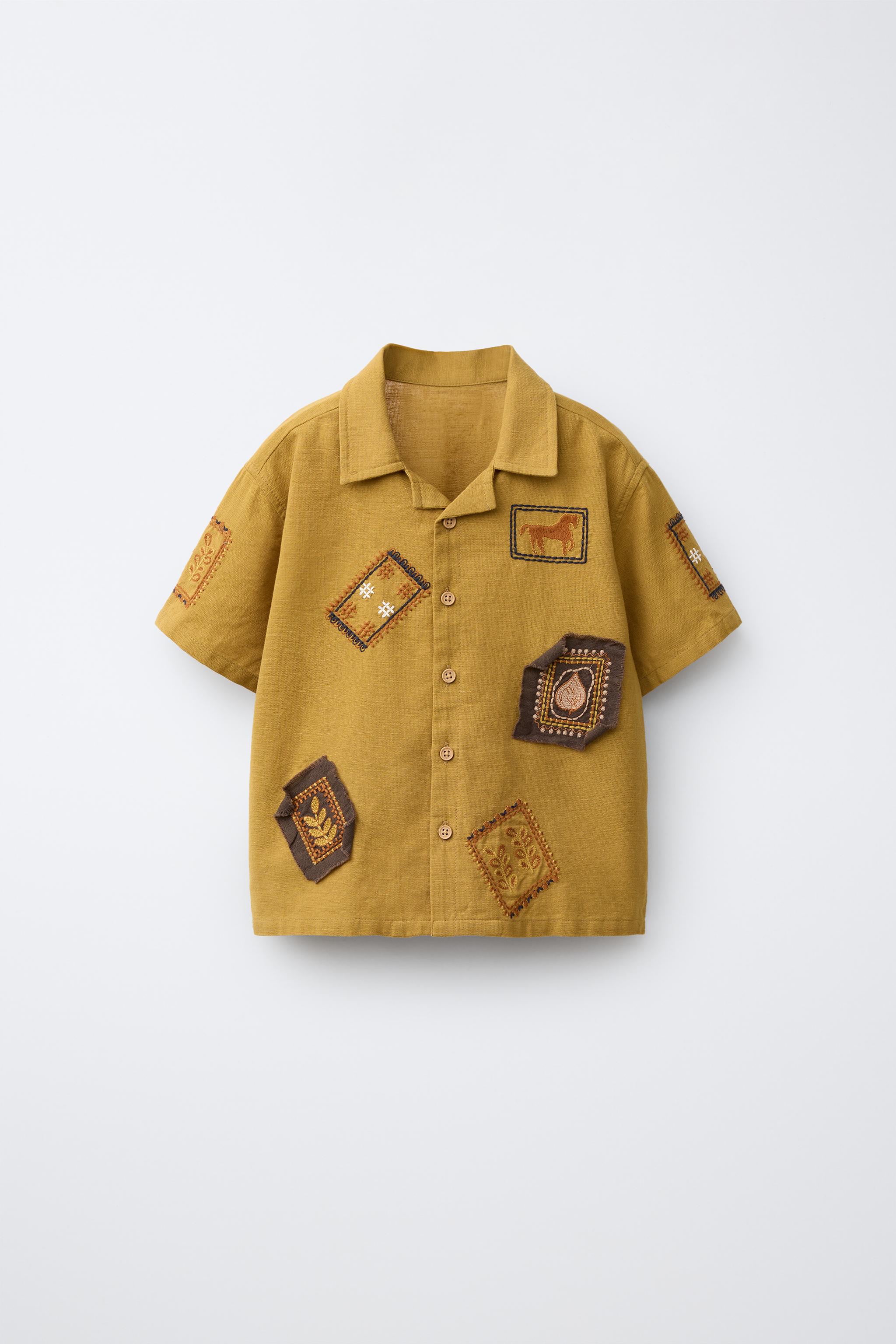 COTTON LINEN BLEND BOWLING SHIRT WITH PATCHES